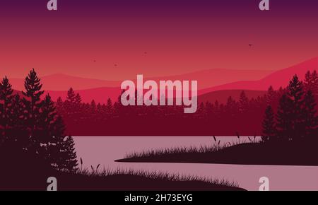 Vue sur la montagne avec une silhouette fantastique de cyprès depuis le lac au crépuscule.Illustration vectorielle Illustration de Vecteur