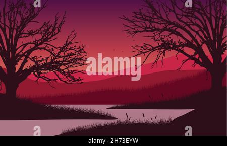 Vue fantastique sur les montagnes depuis la rive au crépuscule avec les silhouettes d'arbres secs.Illustration vectorielle Illustration de Vecteur