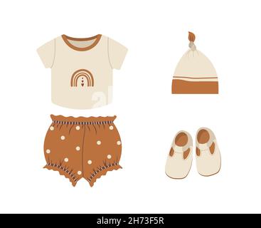 Vêtements de boho pour bébés.Jolie garde-robe pour garçon.Tenue scandinave pour enfant.Illustration vectorielle de style dessin animé plat.Vêtements vintage pour enfants Illustration de Vecteur