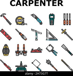 Vecteur de jeu d'icônes d'outil et d'accessoire de menuisier Illustration de Vecteur