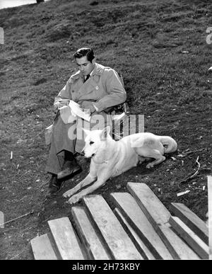 LE POUVOIR DE TYRONE sur le set est franc avec son OLAF de chien blanc alsacien lauréat lors d'une pause dans le tournage de LA CHANCE DU réalisateur IRLANDAIS Henry KOSTER 1948 Fox du XXe siècle Banque D'Images