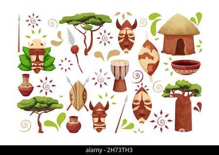 Set African Hut avec toit de paille, baobab bouclier avec lance, masque tribal, tambour dans le style de dessin animé isolé sur fond blanc.Collection tribale Safari, bâtiment rural dans le désert.Illustration vectorielle Illustration de Vecteur