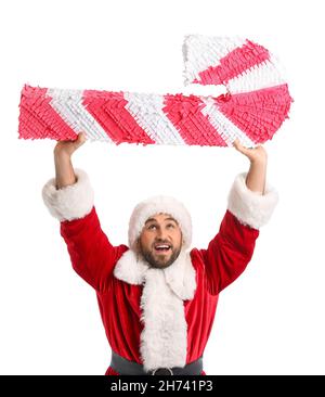 Père Noël avec pinata de canne à sucre sur fond blanc Banque D'Images