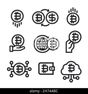 Illustration de l'ensemble d'icônes de la blockchain et de la crypto-monnaie Bitcoin Illustration de Vecteur