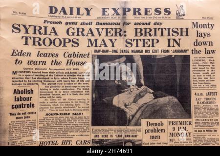 'sunria Graver: British troupes May Step In' titre de la première page à la fin de la Seconde Guerre mondiale en Europe, Daily Express, 31st mai 1945. Banque D'Images