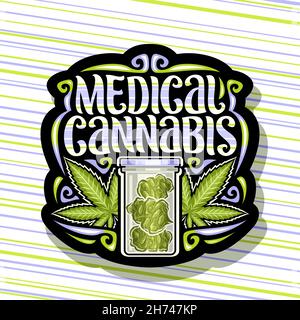 Logo Vector pour cannabis médical, panneau rétro foncé avec illustration des feuilles de marijuana, tube à essai en verre de cannabis, panneau pour le dispensaire avec Illustration de Vecteur