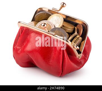 Portefeuille rouge avec pièces isolées sur fond blanc Banque D'Images