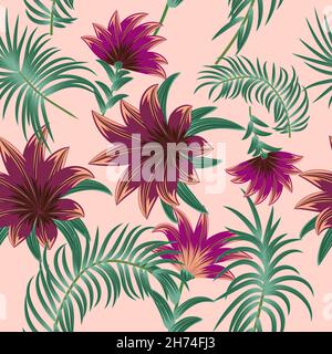 Motif vectoriel sans couture avec feuilles et fleurs de palmiers tropicaux, fond de jungle, plantes, design botanique pour la mode, tissu, papier peint Illustration de Vecteur