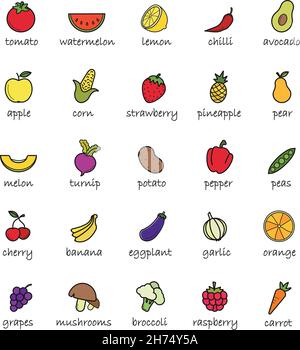 Icônes de couleur des fruits et légumes Illustration de Vecteur