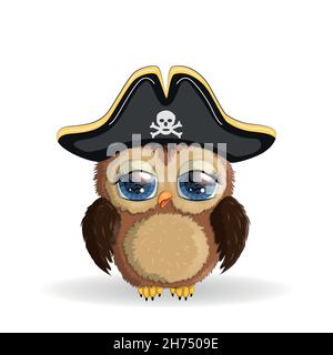 Hibou pirate, personnage de dessin animé du jeu, un oiseau dans un bandana et un chapeau à tête de cocon avec un crâne, avec un timbre oculaire.Caractère avec des yeux lumineux Illustration de Vecteur