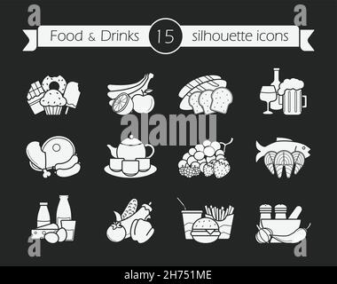 Ensemble d'icônes de silhouette de nourriture et de boissons.Craie Illustration de Vecteur