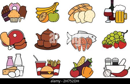 Icônes de nourriture et de boissons.Couleur Illustration de Vecteur