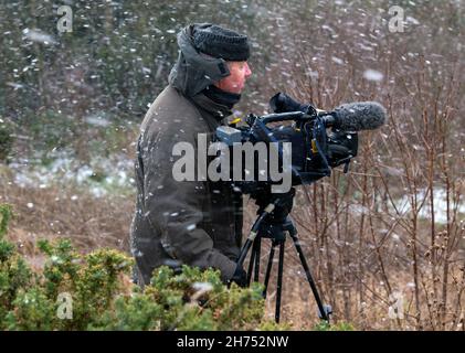 Caméra opérateur filmant dans la neige avec une caméra vidéo Panasonic P2 Banque D'Images