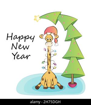 Une petite girafe mignonne avec un chapeau de père Noël est assise sous l'arbre de Noël Banque D'Images