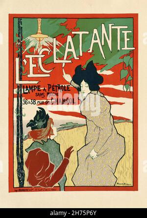 Affiche vintage annonçant une lampe à essence par Manuel Robbe 1890.Le design montre deux femmes sous un éclairage de rue Banque D'Images