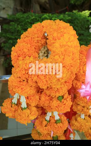 Gros plan sur les guirlandes de fleurs Marigold pour offrir à la Maison de l'Esprit, au Sanctuaire ou au Temple bouddhiste en Thaïlande Banque D'Images