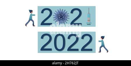 Bonne année 2022.Au revoir 2021 - année de Covid-19 et la vaccination.Retour à la normale.Carte de vœux sur fond blanc.Illustration. Banque D'Images