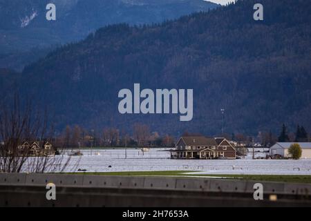 Les champs de fermiers de la vallée du Fraser ont été inondés de pluies torrentielles, de changements climatiques, de catastrophes naturelles, d'inondations intenses, en Colombie-Britannique. Banque D'Images