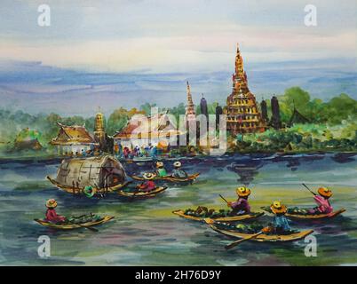 Peinture d'art Aquarelle marché flottant et temple Thaïlande Banque D'Images