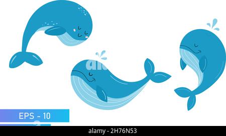 Ensemble de jolies baleines bleues aux couleurs délicates et aux éclaboussures d'eau.Fier et doux.Illustration vectorielle. Illustration de Vecteur