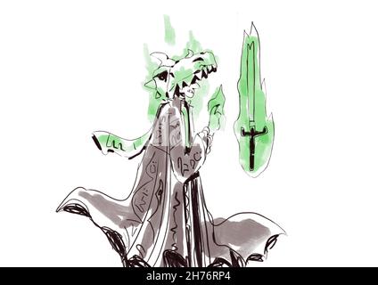 Magicien de necromancer joyeux, portant un crâne de dragon comme masque et volant une épée avec ses pouvoirs necromardes et démoniaques, bande et bande.Esthet Banque D'Images