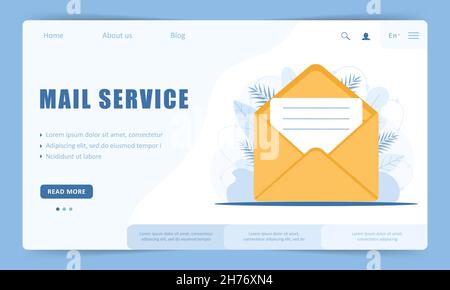 Service de courrier.Modèle de page d'arrivée.Assistance en ligne.Illustration vectorielle de style dessin animé plat Illustration de Vecteur