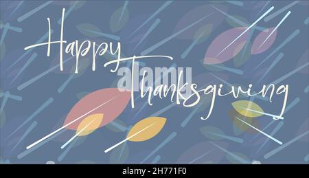 Joyeux texte de Thanksgiving avec un script calligraphique sur les feuilles d'automne tombées en arrière-plan.Illustration vectorielle saisonnière colorée. Illustration de Vecteur