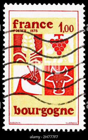 MOSCOU, RUSSIE - 25 OCTOBRE 2021: Timbre-poste imprimé en France montre la région de Bourgogne, région de France série, vers 1975 Banque D'Images