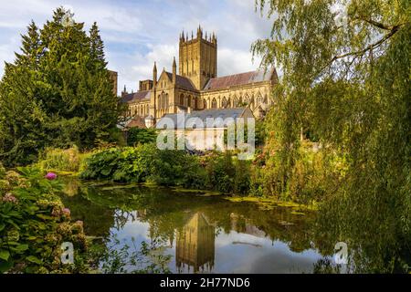 Wells Cathedral se reflète dans la Moat Bishop's Palace, Somerset, Angleterre, Royaume-Uni Banque D'Images