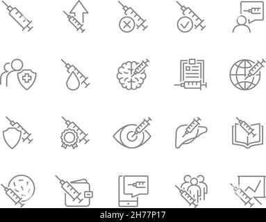 Ensemble d'icônes de ligne de vaccin.Seringue médicale, vaccination, vaccination, Covid 19, immunité mondiale et plus encore. Illustration de Vecteur