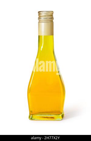 bouteille d'huile en verre d'olive isolée sur blanc avec passe-cheveux Banque D'Images