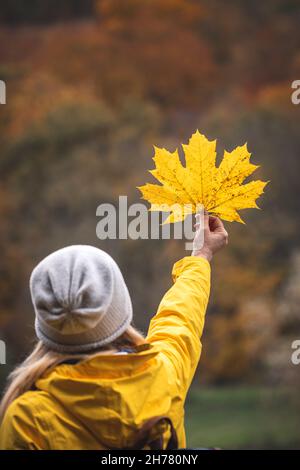 Femme avec chapeau en tricot tenant une feuille d'érable jaune.Symbole de la saison changeante.Plaisir de la randonnée d'automne. Banque D'Images