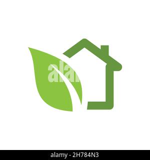 Maison verte avec logo vectoriel de feuilles.Symbole de maison écologique. Illustration de Vecteur