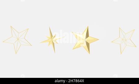 Ensemble de différentes étoiles dorées sur fond blanc, isolé.Élément en forme d'étoile dorée à utiliser dans votre conception.Image d'illustration 3D. Banque D'Images