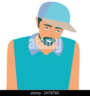 Portrait d'un homme barbu en casquette.Avatar en vêtements décontractés.concept de joie .Vplat. Illustration de Vecteur