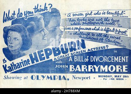 Front of British Herald for KATHARINE HEPBURN and JOHN BARRYMORE in A BILL OF DIVORCEMENT 1932 réalisateur GEORGE CUKOR play Clemence Dane scénario Howard Estabrook and Harry Wagstaff Gribble RKO radio Pictures Banque D'Images