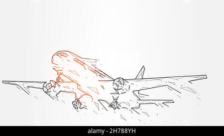 Illustrations vectorielles abstraites d'un décollage d'avion, d'un accident d'avion, d'un avion passager ou d'un avion de cargaison fait de points et de lignes, concept abstrait d'internationa Illustration de Vecteur