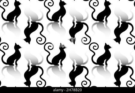 Silhouette de chat noir sans couture avec queue courbeuse, modèle de texture imprimé animal félin, illustration vectorielle isolée sur un fond blanc Illustration de Vecteur