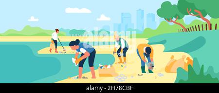 Les bénévoles collectent les déchets de mer.Les gens nettoient la plage.Écologie et protection de l'environnement.Recyclage des déchets.Hommes et femmes nettoyage de la rive du réservoir Illustration de Vecteur