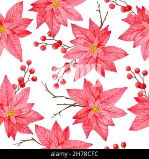 Aquarelle dessin à la main sans couture avec fleur de poinsettia rose rouge, branches d'épinette de pin de conifères de Noël, hiver nouvel an décoration ornement, pour l'emballage papier floral textile imprimé botanique Banque D'Images