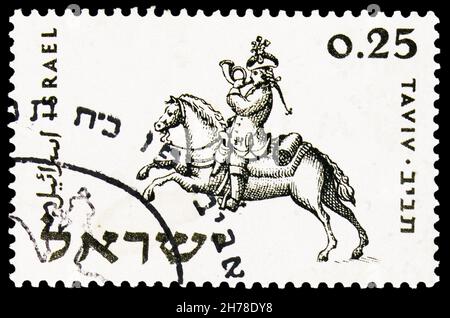 MOSCOU, RUSSIE - 25 OCTOBRE 2021 : le timbre-poste imprimé en Israël montre le courrier postal juif, Prague, 18e siècle, exposition philatélique nationale T Banque D'Images