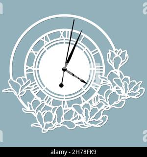 Cadran d'horloge simple avec chiffres romains. Modèle vectoriel pour découpe au laser. Silhouette de cadran isolée sur fond gris. Thème floral de l'illustration. Illustration de Vecteur