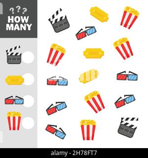 Jeu de mathématiques éducatif pour les enfants d'âge préscolaire.Nombre d'objets tâche.Jeu de comptage pour enfants.Les icônes du cinéma Illustration de Vecteur
