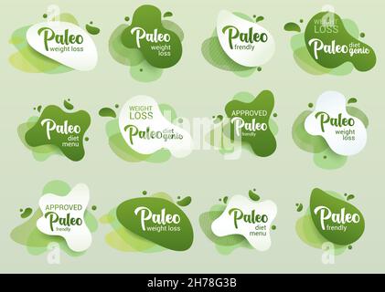 Paleo Diet Fendly badge.Ensemble de dessin d'amibe vert d'autocollant pour le menu de régime paleo, affiche, prospectus. Illustration de Vecteur