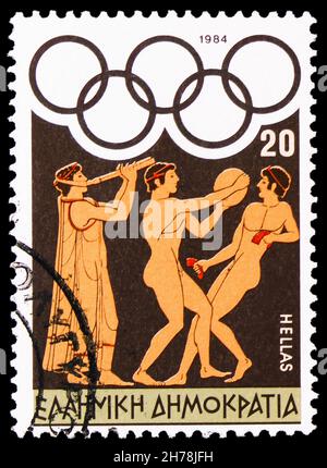 MOSCOU, RUSSIE - 25 OCTOBRE 2021: Timbre-poste imprimé en Grèce montre Los Angeles 1984 - athlètes se préparant pour les jeux, série, vers 1984 Banque D'Images