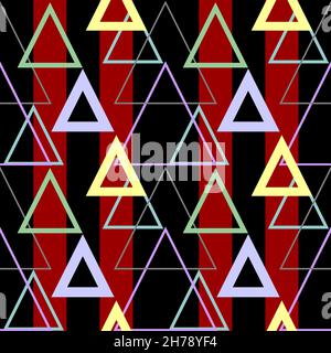 motif géométrique continu sur fond rayé, motif sans couture noir et rouge avec triangles Banque D'Images