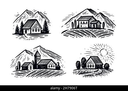 Ensemble d'emblèmes de ferme.Paysage rural avec maisons et champs.Illustration vectorielle de vignoble Illustration de Vecteur