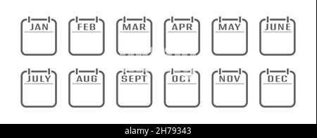 ensemble d'icônes de calendrier avec les noms des mois de l'année. Un calendrier à feuilles avec les noms des mois de l'année. Style plat. Illustration de Vecteur