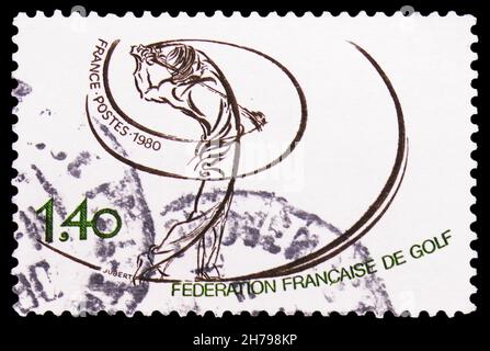 MOSCOU, RUSSIE - 25 OCTOBRE 2021 : timbre-poste imprimé en France montre la Fédération française de Golf, série, vers 1980 Banque D'Images