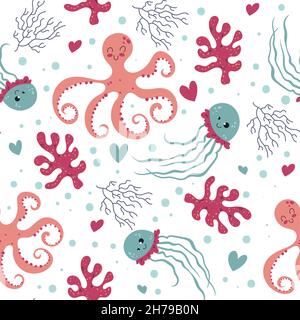Un monde marin sans couture.Animaux marins, coraux et algues, poulpes et méduses pour enfants, créatures marines sous-marines, personnages mignons.Décor textile Illustration de Vecteur